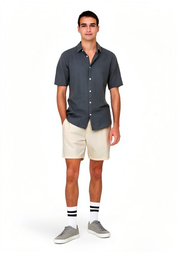 Chemise homme coton lin coupe ajustée manches courtes-4