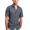 Chemise homme coton lin coupe ajustée manches courtes-5