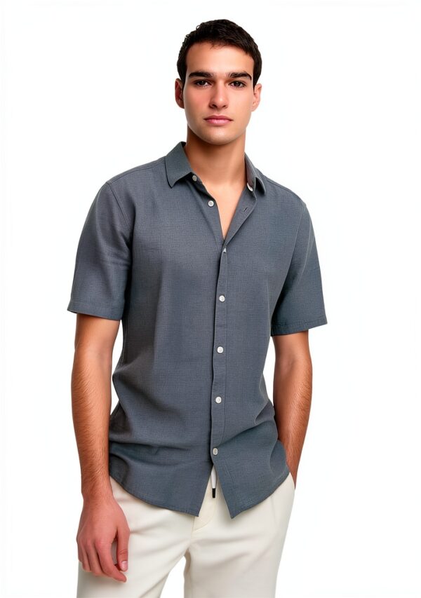 Chemise homme coton lin coupe ajustée manches courtes-5