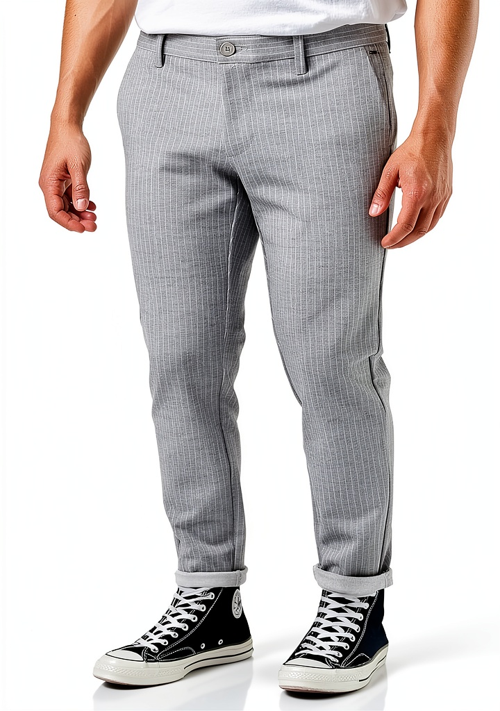 Pantalon chino homme Tapered Fit rayures porté en situation décontractée