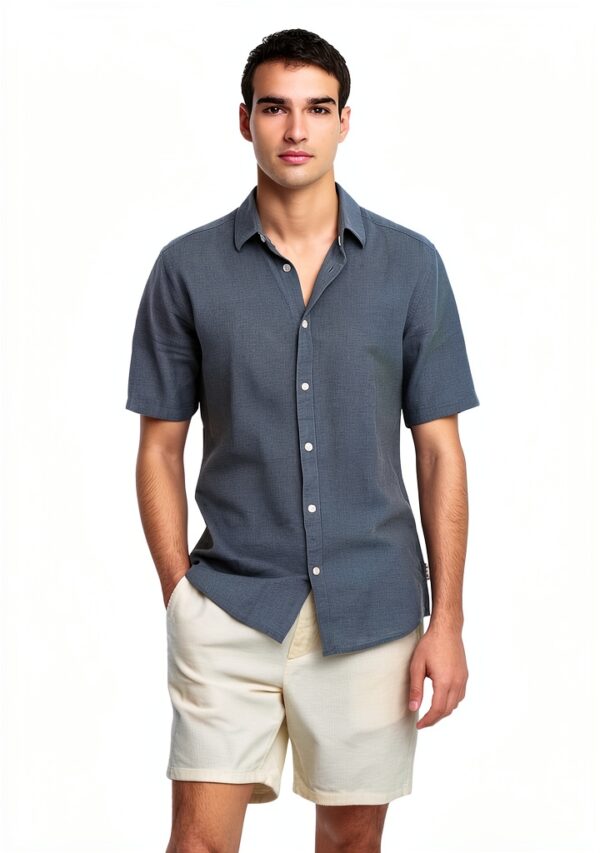 Chemise homme coton lin coupe ajustée manches courtes-2