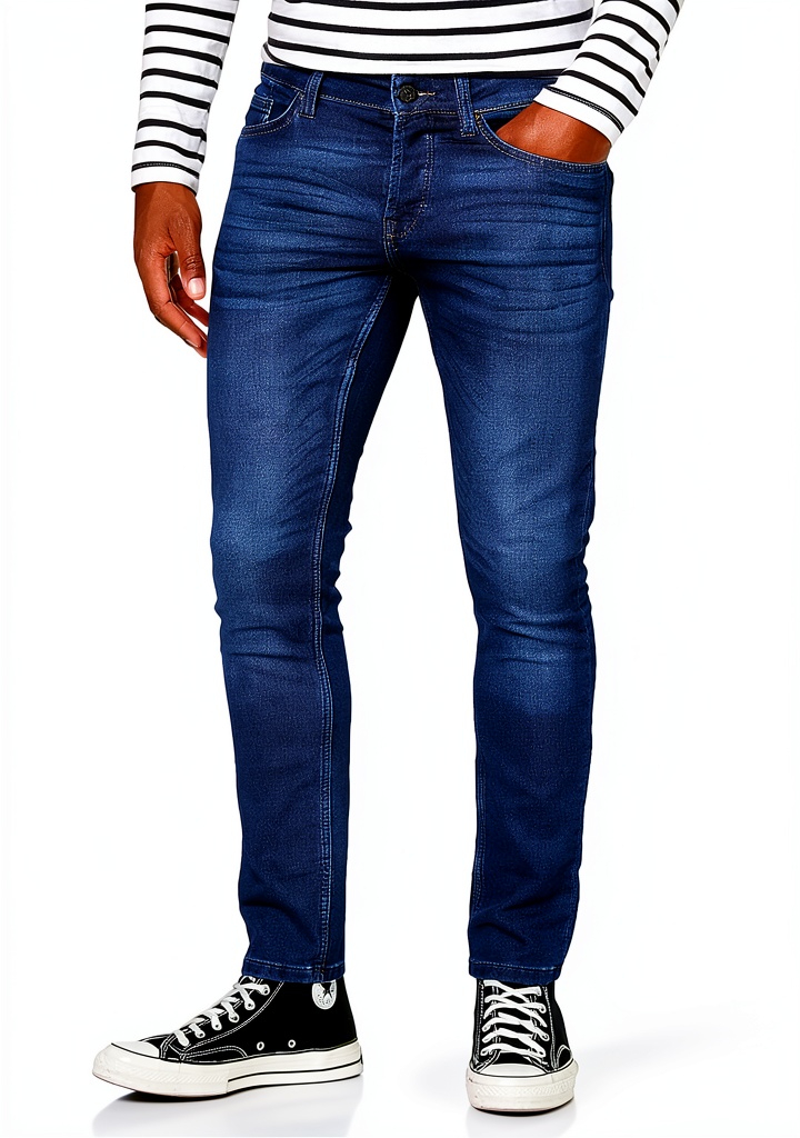 'Jean slim homme denim bleu porté dans un cadre décontracté'