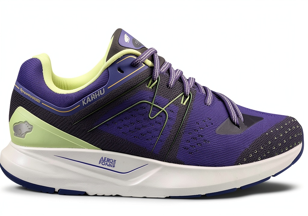 Chaussures de running Karhu Liberty Violet en action sur un sentier forestier